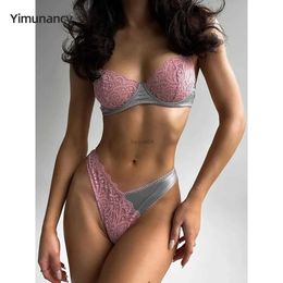 Sexy Set Yimunancy Lace Lingerie Set Women Contrast Color Hallow Out 2-Piece Sheer Bra + Panty Underwear Set Sexy Intimates