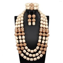 Necklace Earrings Set Imitation Coral For Women White Resin Plastic Beads Triple Stack Simple Design African Wedding Accessory Free Ship