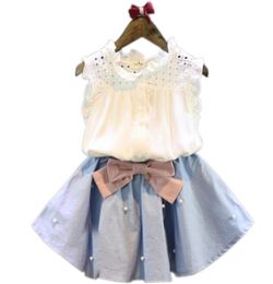 Kids Designer Clothing Sets Girls Summer Fashion Suits Baby Sleeveless White Tops Denim Blue Skirts Outfits Child Cotton Ruffle Ve5014639