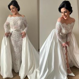 Modest 2024 Mermaid Wedding Dress With Deatchable Tarin Lace Beading Bridal Gowns Off The Shoulder Long Sleeve Robe de mariee