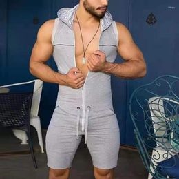 Men's Pants Hoodie Sleeveless Jumpsuit Shorts Comfortable Homewear Casual Male Pajamas Solid Zipper Home Men Clothes