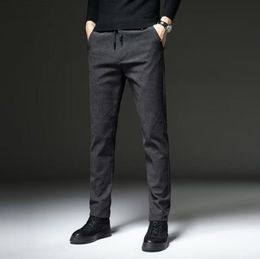 Autumn Winter Brushed Fabric Casual Pants Men Thick Business Work Slim Cotton Black Grey Trousers Male Plus Size 38
