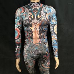 Stage Wear Male Printing Jumpsuit Party Wears Costumes Long Sleeve Stretch Bodysuit Dj Perform Siamese Sexy Men Pole Dance Dress