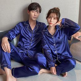 Pijamas femininos pijama casal gelo seda pijamas imitação de manga longa feminino casa wear casual solto grande masculino