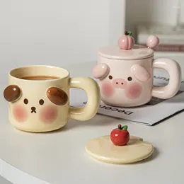 Mugs 480ML 3D Cartoon Animal Pig Dog Ceramic Mug With Lid Breakfast Oatmeal Cup And Saucer Milk Coffee Spoon