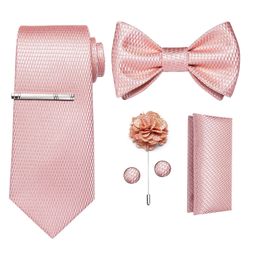 Solid Pink Plaid Ties For Men Fashion Men's Self Tie Bow Tie Pocket Square Cufflinks Set Men Neck Tie Clip And Brooch 240119