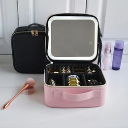 Smart LED Makeup bag For Women With Mirror Compartments Waterproof PU Leather Travel Cosmetic Case 240124