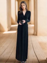 Abiti a maniche lunghe Nuova primavera Alta qualità Festa di moda femminile Nero Scollo a V Elasticità Elegante abito sexy piuttosto super maxi