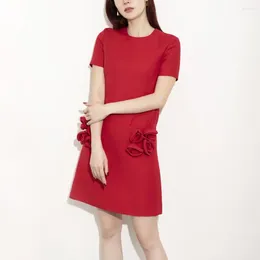 Casual Dresses Elegant Solid Spliced Appliques 3D Flower Dress Women Round Neck Short Sleeve Minimalist Mini 2024 Spring Summer