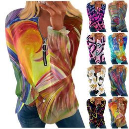 Women's T Shirts Long Sleeve Zipper For Women Chic Printed Graphic Tees Blouses Casual Tops Pullover Elegant And Youth Woman