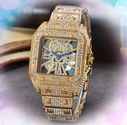 Premium Mens Square Hollow Skeleton Dial Watch Quartz Movement Male Time Clock Full Stainless Steel Band Chain Bracelet Sky Starry Diamonds Ring Bezel Wristwatch