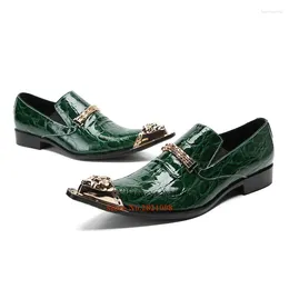 Dress Shoes Green Blue Crocodile Lines Metal Chain Toe Male Flats Men Business Dancing Pointed