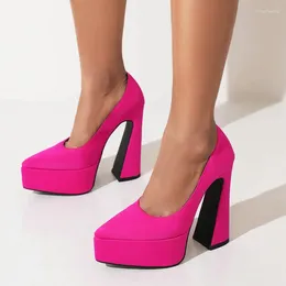 Dress Shoes Satin Slik Like Fabric Vamp Fuschia Bright Rose Color Pointed Toe Sexy Party High Heels Women Slip-on Platform Stilettoes