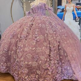 Luxury Lilac Sweet 16 15 Dresses Quinceanera Gown 3D Floral Crystal Ball Skirt Women Occasion Party Prom Dress