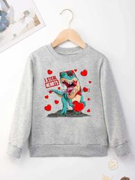 Hoodies Sweatshirts Hipster Boy Sweatshirt Cool Dinosaur I Steal Hearts Print Grey Kids Clothes Urban Streetwear Casual Outdoor Play Children's TopsL240125