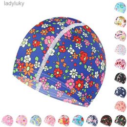 Swimming caps 2021 Multi Prints Fabric Swimming Cap Swiming Pool Protect Long Hair Ears Hat Swim Bathing Hats Nylon Caps for Women Men AdultsL240125