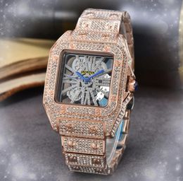 Square Hollow Skeleton Men's automatic date watch all stainless steel case clock quartz battery super sky starry diamonds ring bezel chain bracelet wristwatch gifts