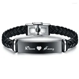 Link Bracelets Men's Luxury Hand-woven Leather Bracelet Customised Logo Name Stainless Steel Women Punk Jewellery Gift To Husband Friends