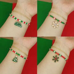 Chain Merry Christmas Double Layer Xmas Beaded Bracelet For Women Men Christmas Tree Snowflake Santa Claus Tassel Pendant Jewelry GiftL24