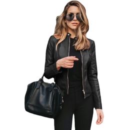 Slim Fit Faux Leather Jacket Women Classic Moto Biker PU Jacket Spring Autumn Basic Zipper Coat