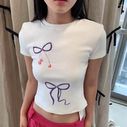Women's T Shirts Bowknot Print T-Shirts Women Short Sleeve Crew Neck Baby Tees Summer Casual Slim Fit Crop Tops Y2K Aesthetic Retro
