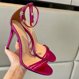 2024 Metallic Leather Ankle-Strap stiletto Heels Sandals Round toe shoes rhinestone button up narrow band combination Women's heeled Luxury Designers Dress shoes