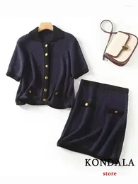 Work Dresses KONDALA Chic Solid Blue Fashion 2024 Summer Women Suit Elegant Short Sleeve Golden Button Blouse Sheath Luxury Mini Skirt