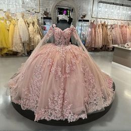 Quinceanera rosa prinsessklänningar med Cape 3D Flower Applique Lace-up Corset Cinderella prom födelsedag söt 16 klänning