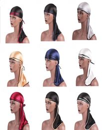 Unisex Men Women Satin Breathable Bandana Hat Silky Durag do doo du rag long tail headwrap Muslim Turban hair band Bandanas5301601