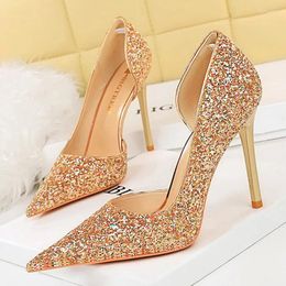 Dress Shoes Designer Women Sequin Cloth High Heels Pumps Wedding Bride Gold Silver Sexy Stripper Plus Size 41 42 43 BIGTREE