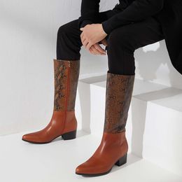 Knee High Men with Heels Autumn Genuine Leather Fashion Snake Pattern Winter Warm Shoes for Male Brown Boots Zipper