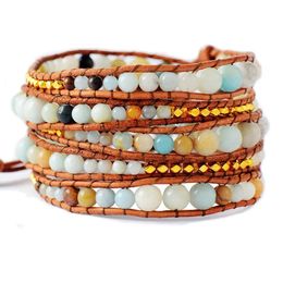 Bracelets Bohochic Graduated Flower Amazonite 5 Strands Weave Leather Wrap Bracelet Multi Layered Vintage Bracelets Gifts