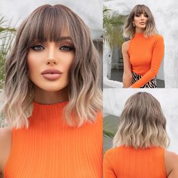 Women's Grey wavy Bob wig with bangs short hair Umbrey synthetic wig with dark roots natural hair suitable for daily use 230125