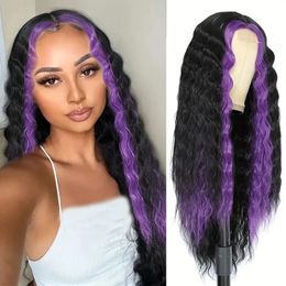 Deep wave wig 28 inch synthetic curly wig suitable for women long wave wig purple striped lace front wig suitable for daily gatherings 230125