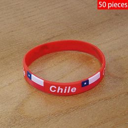 Bracelets 50pcs Chile National Flag Wristbands Sports Silicone Bracelet Men Women Rubber Band Patriotic Commemorative Fashion Accessory
