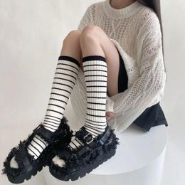 Women Socks Black White Striped Long Stockings JK Japanese Style School Girls Knee Autumn Winter Knitting Cotton