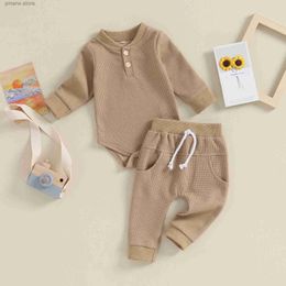 Clothing Sets Soft Cotton Newborn Baby Boy Clothes Spring New Kids Waffle Jumpsuit Outfits Long Sleeve Romper + Elastic Waist Pants Infant Set