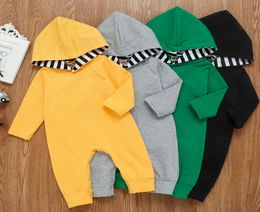 Baby Hooded Rompers Boys Striped Jumpsuits Solid Long Sleeve Bodysuits Casual Fashion Overalls Pants Boutique Climb Clothes M10243351257