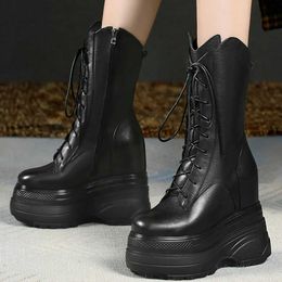 Boots Winter High Top Pumps Shoes Women Lace Up Cow Leather Wedges High Heel Snow Boots Female Round Toe Fashion Sneakers Casual Shoes