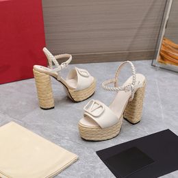 Women Designer Sandals Summer V-Buckle High Heels Waterproof Platform Rope Woven Thick Heels Shoes