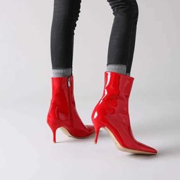 Dress Shoes Ochanmeb Elegant Shiny Patent Leather Women Stiletto Heels Ankle Boots Big Plus Oversized 47 Black Red White Heels Booties WomanL231228