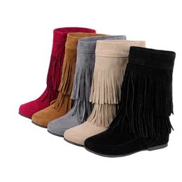 Dress Shoes Lady Mid-Calf Winter Boots Round Toe Tassel Shoes Flock Warm Wide Fitting 45-33 Height Increasing Heels 4cm Grey Botas ZapatosL231228