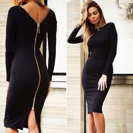 Fashion Black Long Sleeve Party Dresses Women Clothing Back Full Zipper Robe Sexy Femme Pencil Tight Dress 443