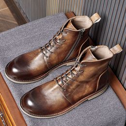 Vintage Mens Ankle Cowhide Boots Handmade British Style Autumn New Genuine Leather Gentleman Business Formal Dress Shoes