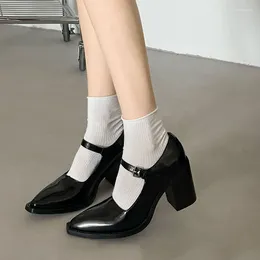 Dress Shoes 2024 Women High Heels Fashion Pointed Toe Square Heel Mary Jane Luxury Black Patent Leather Pumps Gothic Lolita