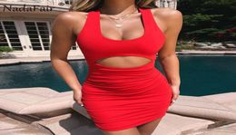 Nadafair Summer Mini Sexy Bodycon Dress Women Ruched Hollow Out Backless Wrap Bandage Halter Club Party Dress Red Vestidos1500984