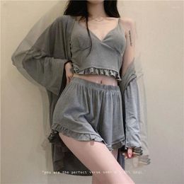 Women's Sleepwear Spring And Summer Pajamas Set With Chest Pad Girls Instagram Sexy Halter Homestays Long Sleeved Three-piece