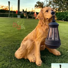 Security Lighting Dog Garden Solar Decorations Outdoor Lighting Statues Powered Lanterns Dogs Holding Lantern Handmade Drop Delivery L Otehk