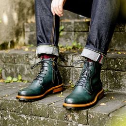 2023 Brand Men Boots Genuine Leather Winter Warm Shoes with Fur Retro Style Lace Up Handmade Ankle Green Botas for Male