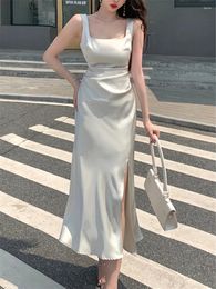 Casual Dresses Midi Tank Dress Summer Women 2024 Elegant Fashion Evening Sexy Ladies Vestidos Sleeveless Satin Female Slim Clothes